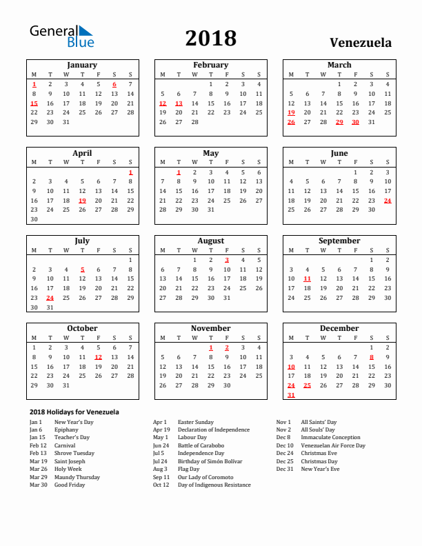 2018 Venezuela Holiday Calendar - Monday Start