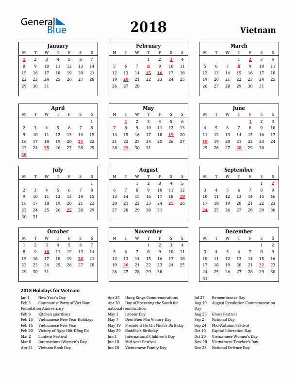 2018 Vietnam Holiday Calendar - Monday Start