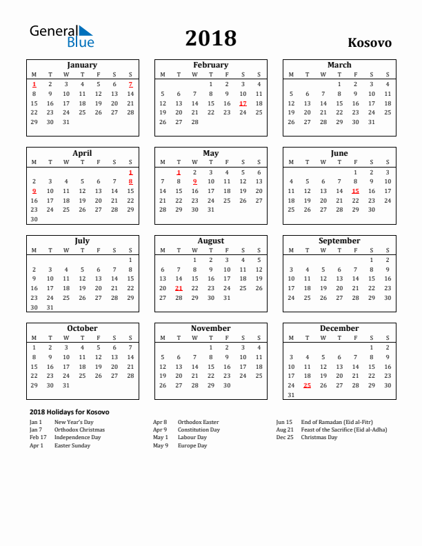 2018 Kosovo Holiday Calendar - Monday Start