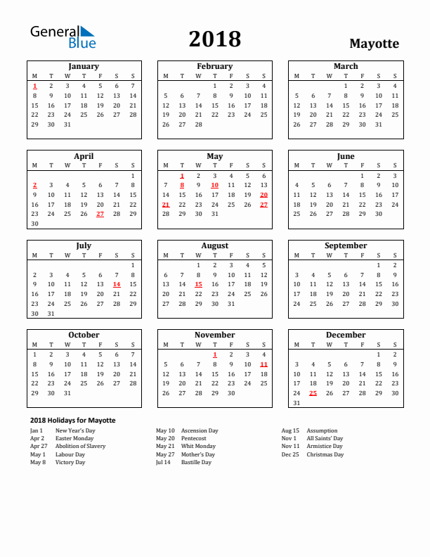 2018 Mayotte Holiday Calendar - Monday Start