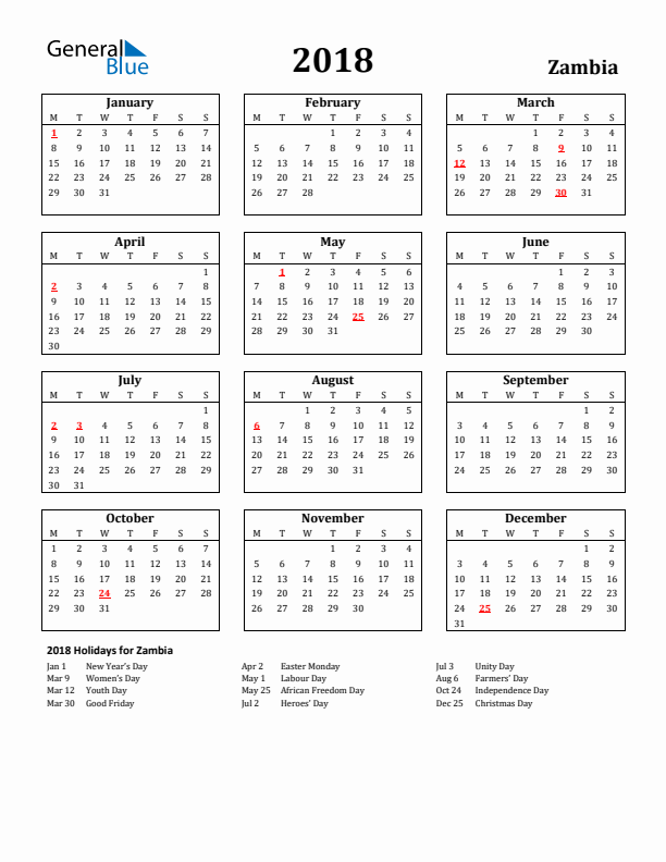 2018 Zambia Holiday Calendar - Monday Start