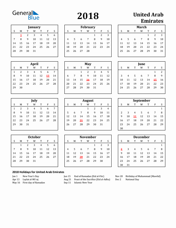 2018 United Arab Emirates Holiday Calendar - Sunday Start