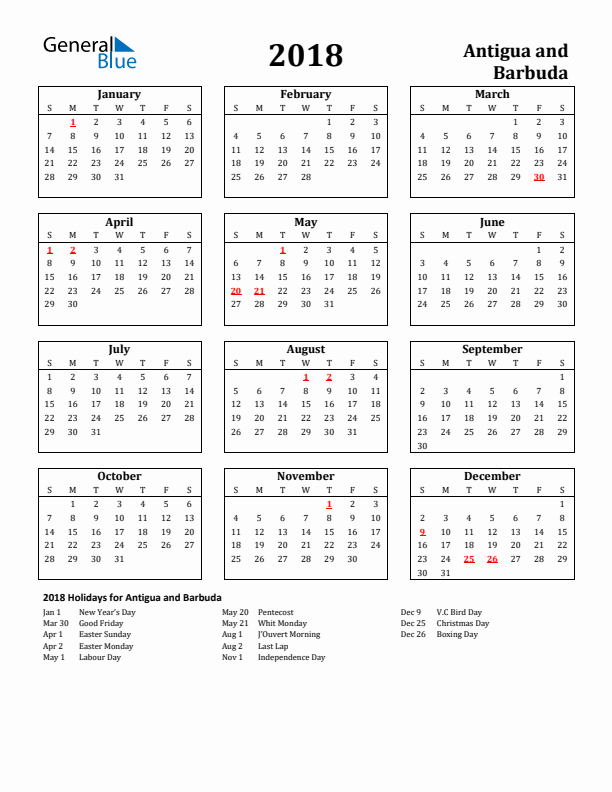 2018 Antigua and Barbuda Holiday Calendar - Sunday Start