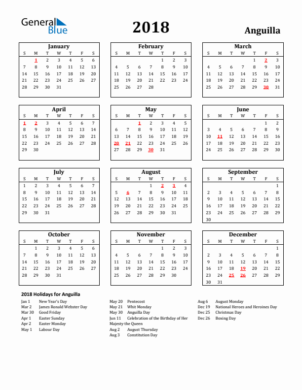 2018 Anguilla Holiday Calendar - Sunday Start