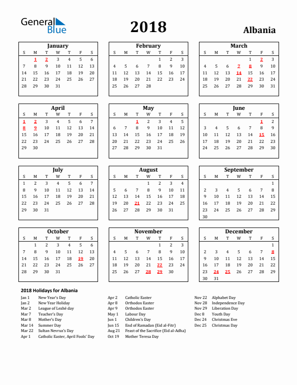 2018 Albania Holiday Calendar - Sunday Start