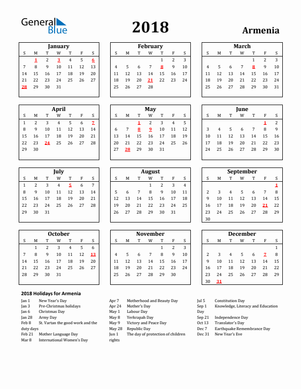 2018 Armenia Holiday Calendar - Sunday Start