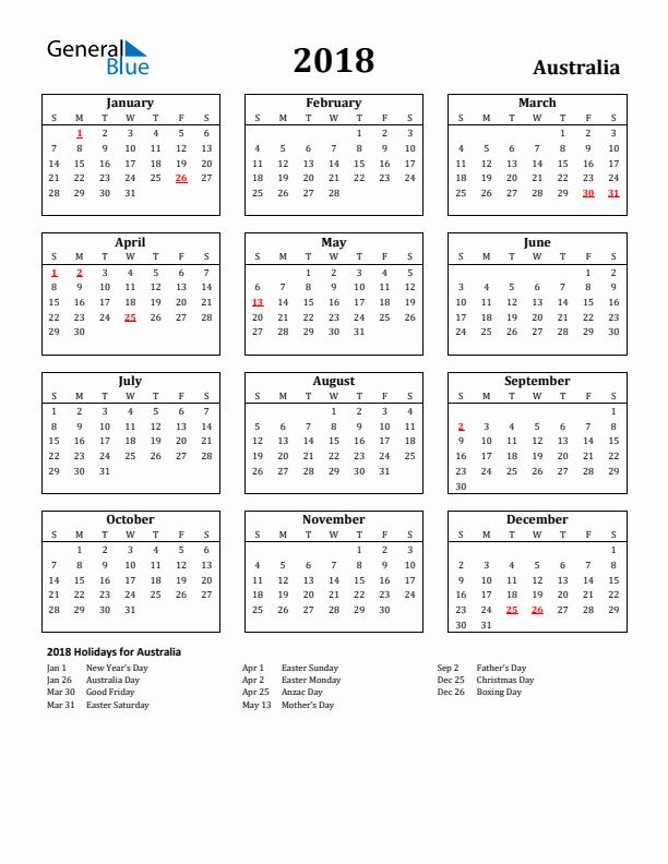2018 Australia Holiday Calendar - Sunday Start