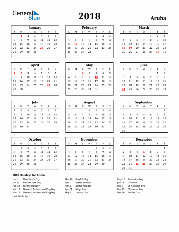 2018 Aruba Holiday Calendar - Sunday Start