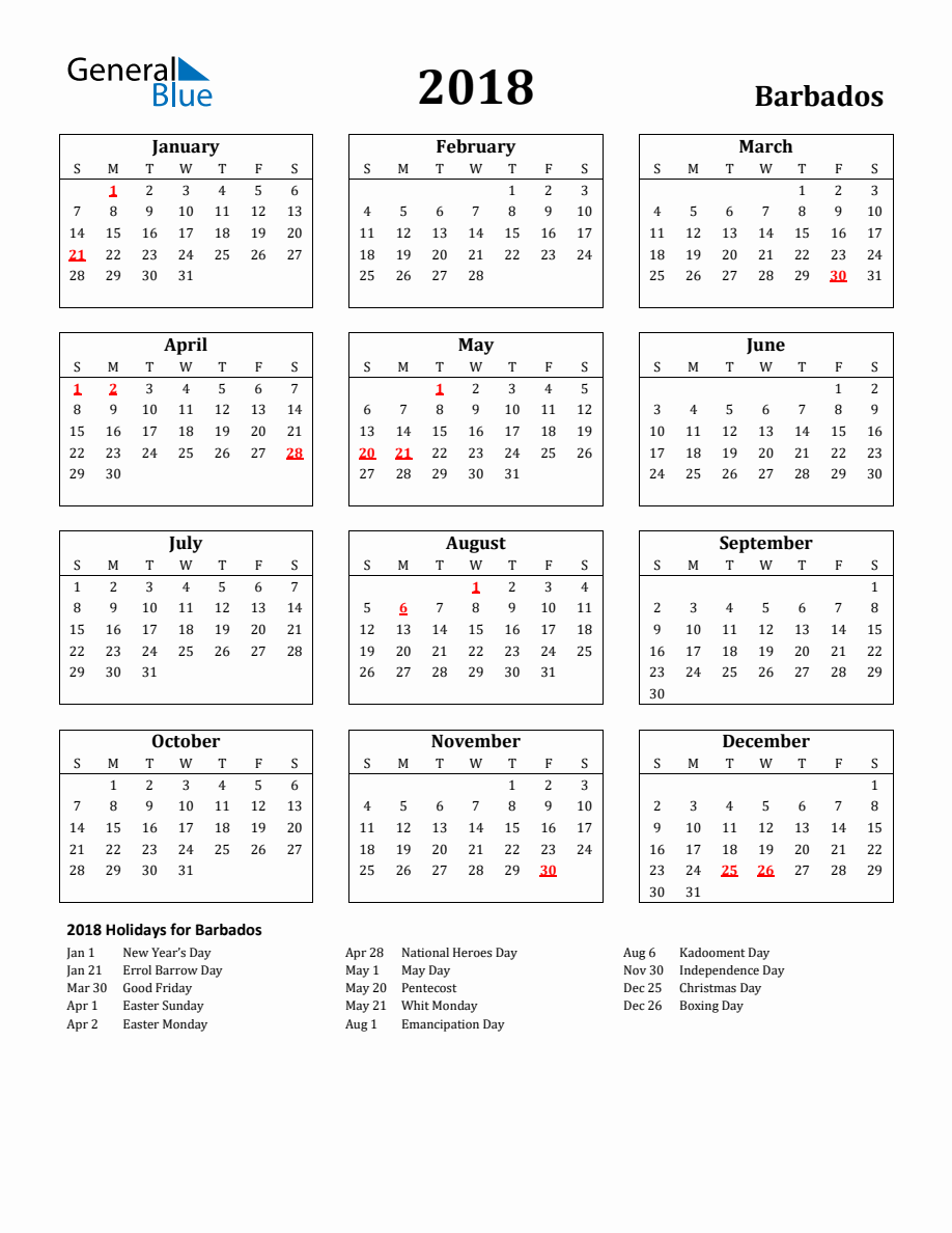 Free Printable 2018 Barbados Holiday Calendar