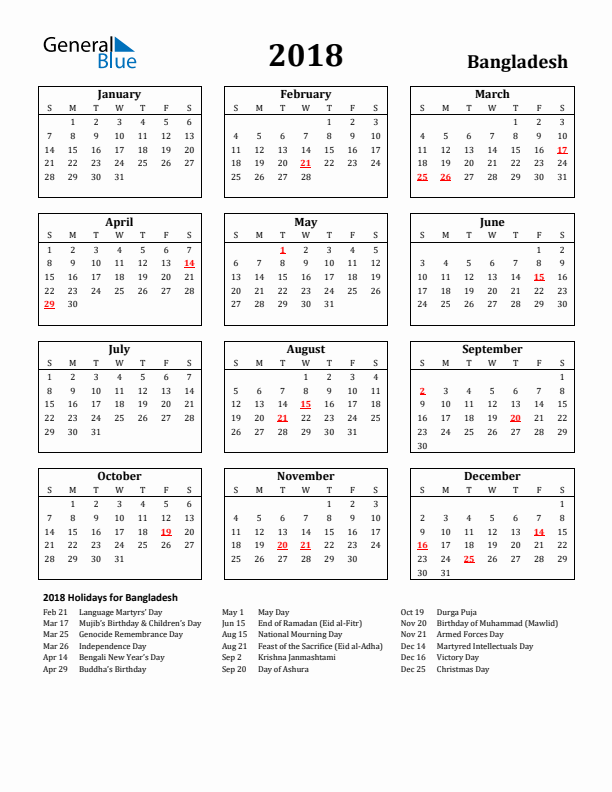 2018 Bangladesh Holiday Calendar - Sunday Start