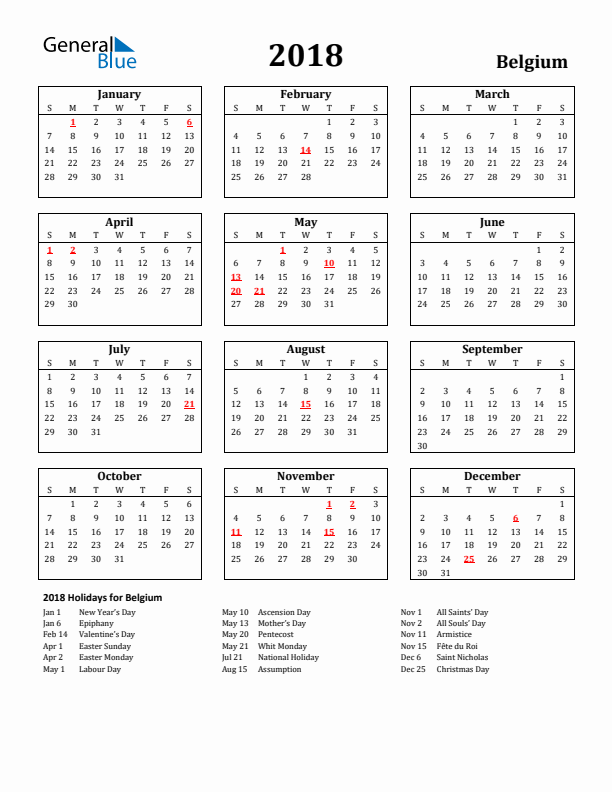 2018 Belgium Holiday Calendar - Sunday Start