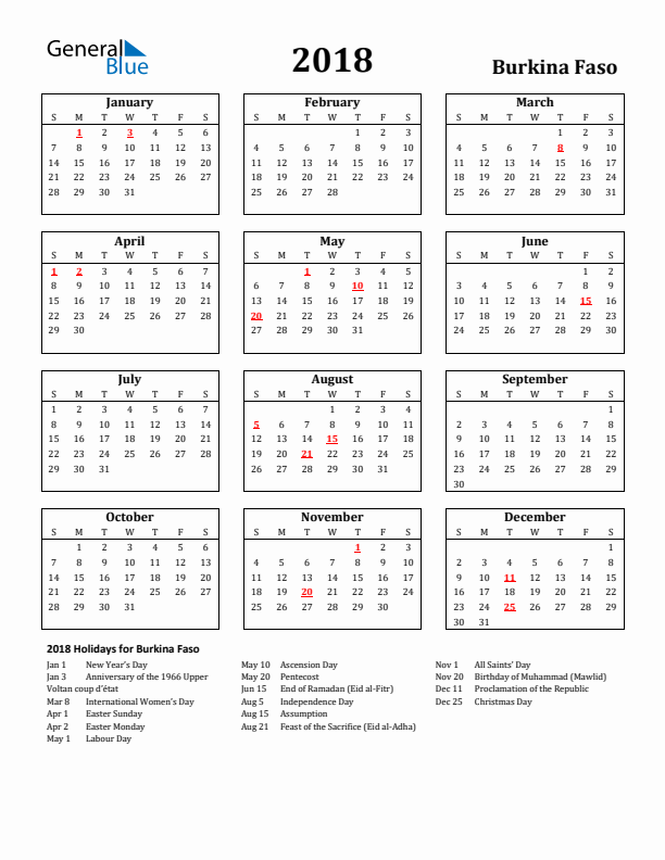 2018 Burkina Faso Holiday Calendar - Sunday Start