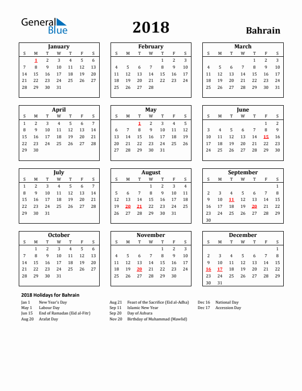 2018 Bahrain Holiday Calendar - Sunday Start