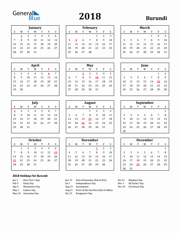 2018 Burundi Holiday Calendar - Sunday Start