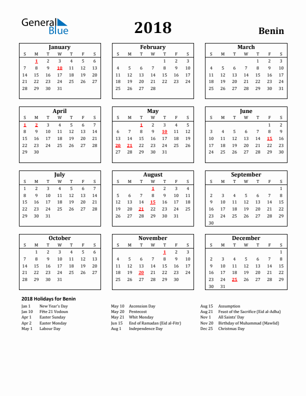 2018 Benin Holiday Calendar - Sunday Start