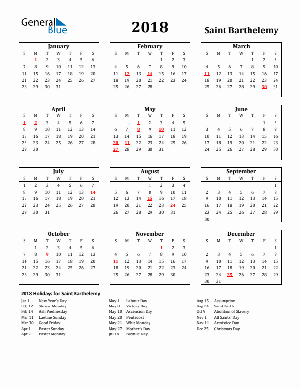 2018 Saint Barthelemy Holiday Calendar - Sunday Start