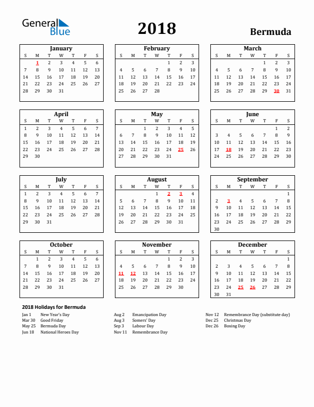 2018 Bermuda Holiday Calendar - Sunday Start