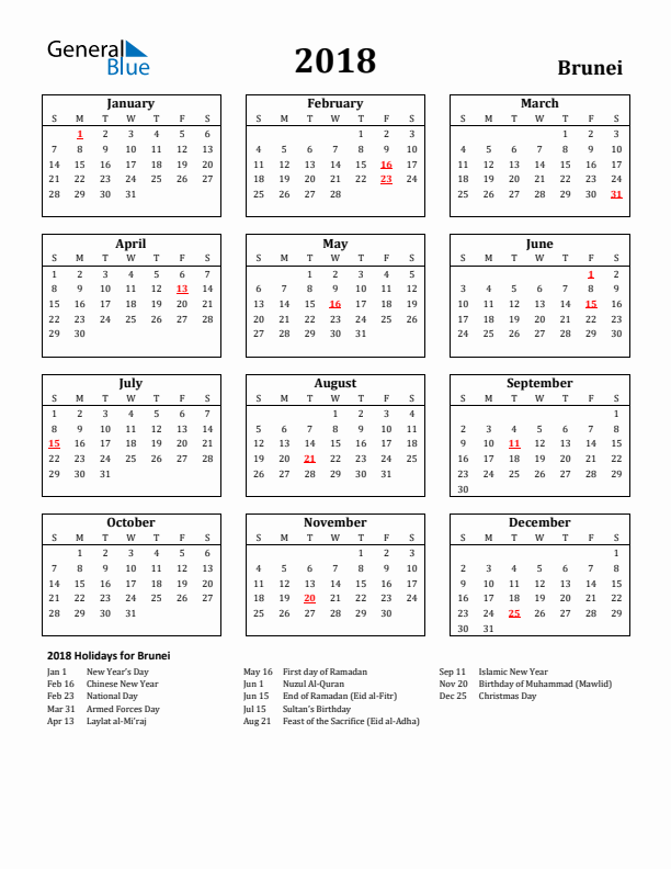 2018 Brunei Holiday Calendar - Sunday Start