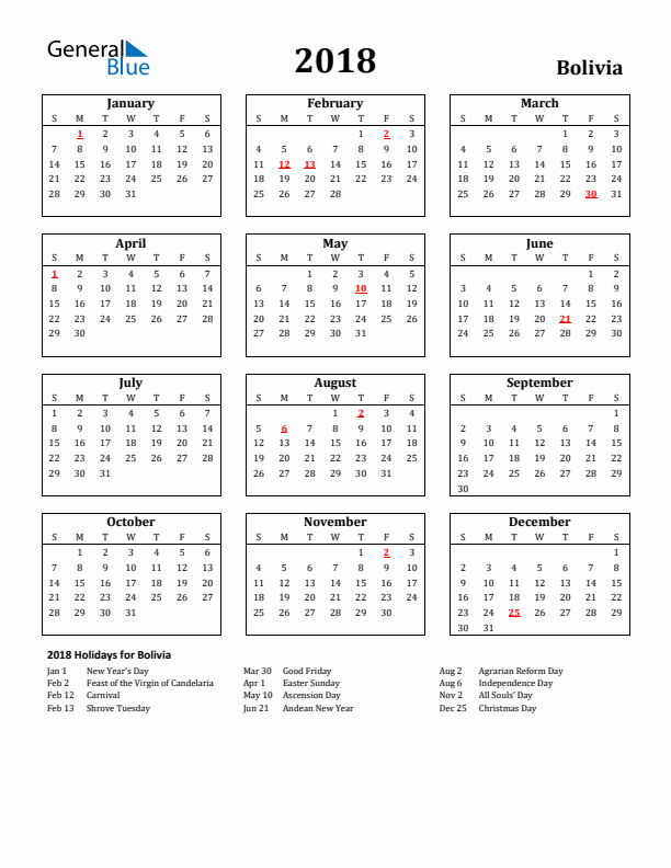 2018 Bolivia Holiday Calendar - Sunday Start