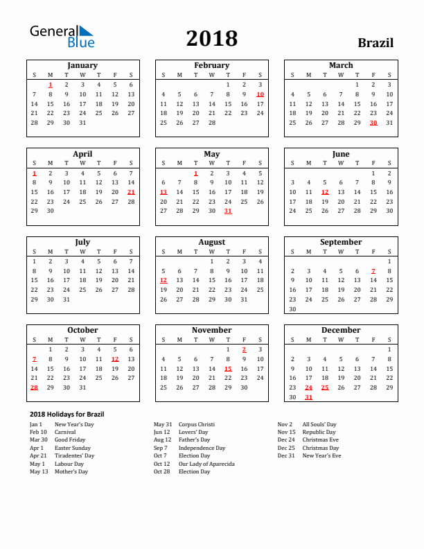 2018 Brazil Holiday Calendar - Sunday Start
