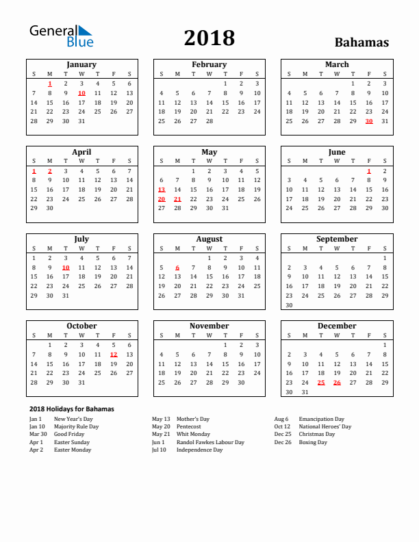 2018 Bahamas Holiday Calendar - Sunday Start