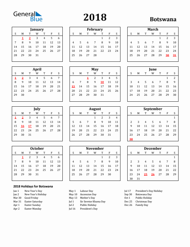 2018 Botswana Holiday Calendar - Sunday Start