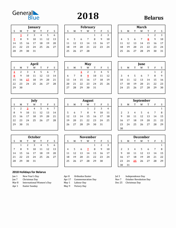 2018 Belarus Holiday Calendar - Sunday Start