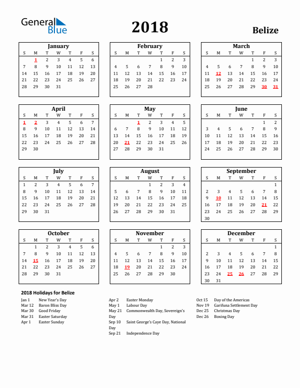 2018 Belize Holiday Calendar - Sunday Start