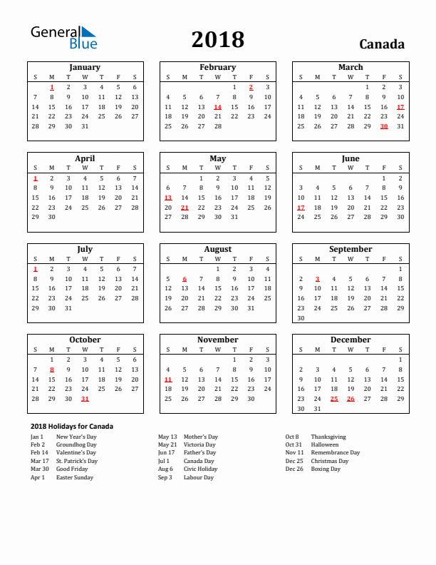 2018 Canada Holiday Calendar - Sunday Start