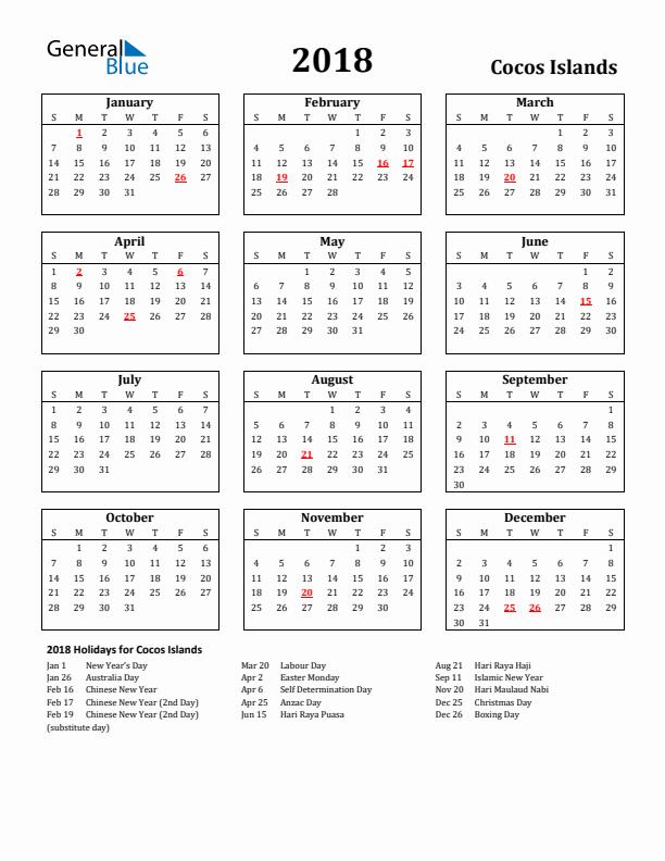 2018 Cocos Islands Holiday Calendar - Sunday Start