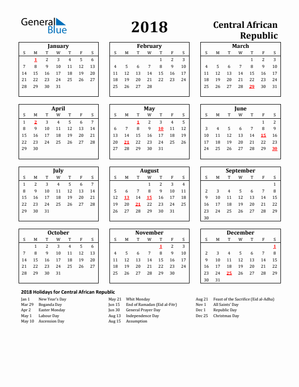 2018 Central African Republic Holiday Calendar - Sunday Start