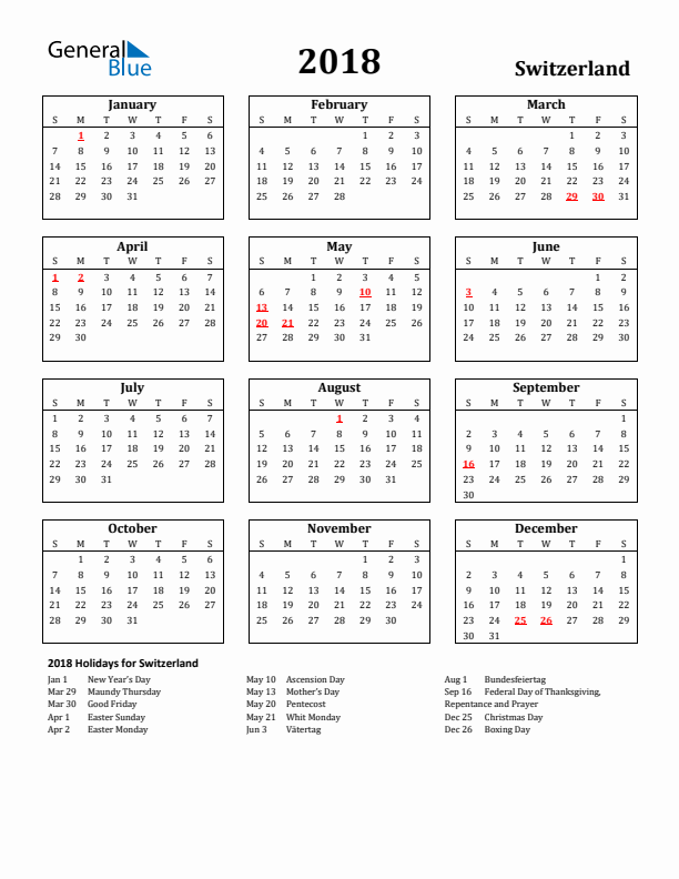2018 Switzerland Holiday Calendar - Sunday Start