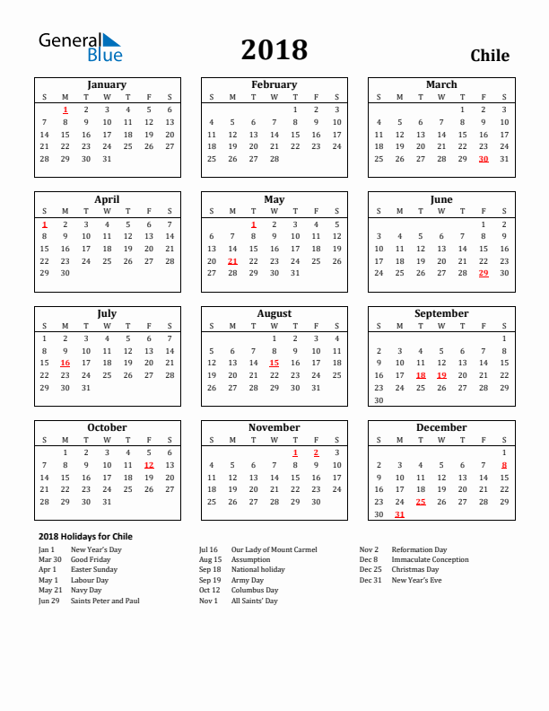 2018 Chile Holiday Calendar - Sunday Start