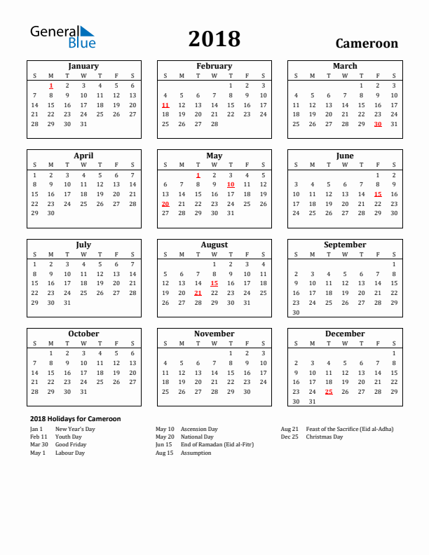 2018 Cameroon Holiday Calendar - Sunday Start