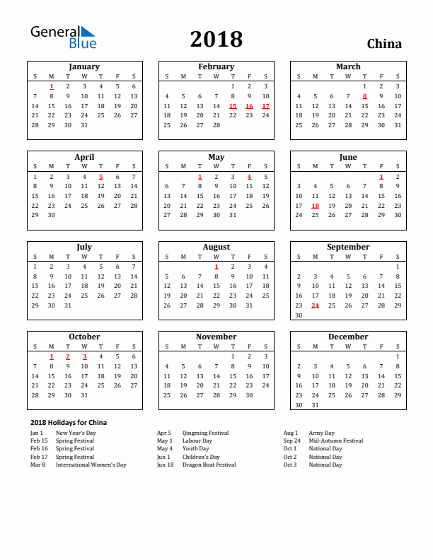 2018 China Holiday Calendar - Sunday Start