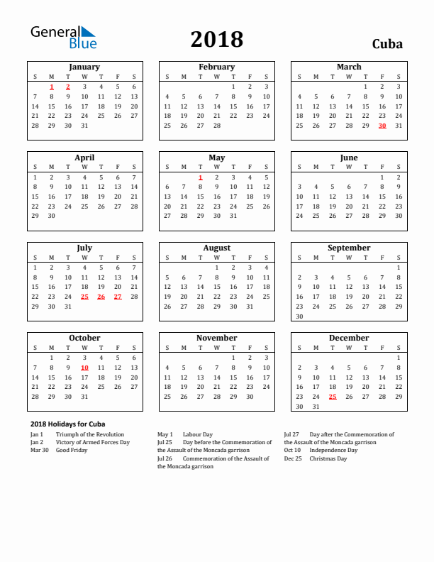 2018 Cuba Holiday Calendar - Sunday Start