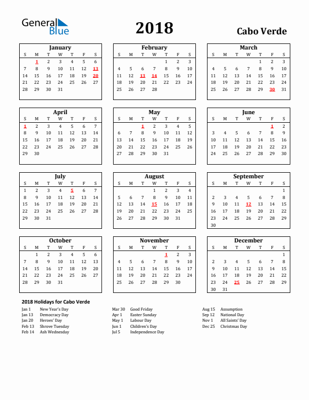 2018 Cabo Verde Holiday Calendar - Sunday Start