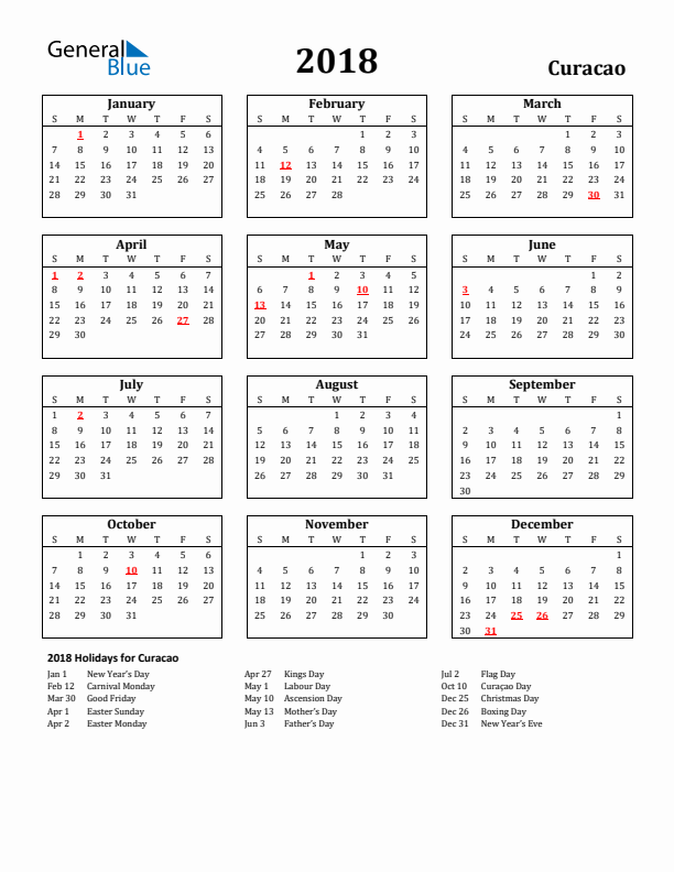2018 Curacao Holiday Calendar - Sunday Start