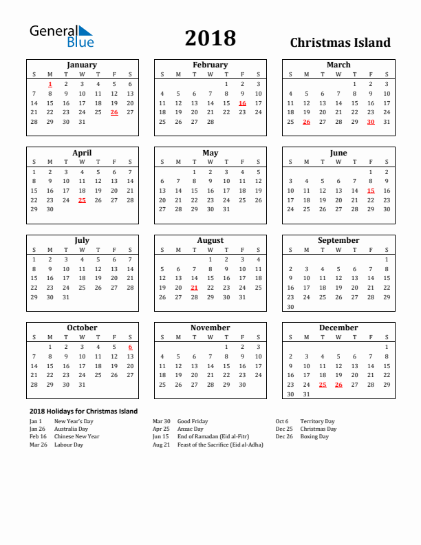 2018 Christmas Island Holiday Calendar - Sunday Start
