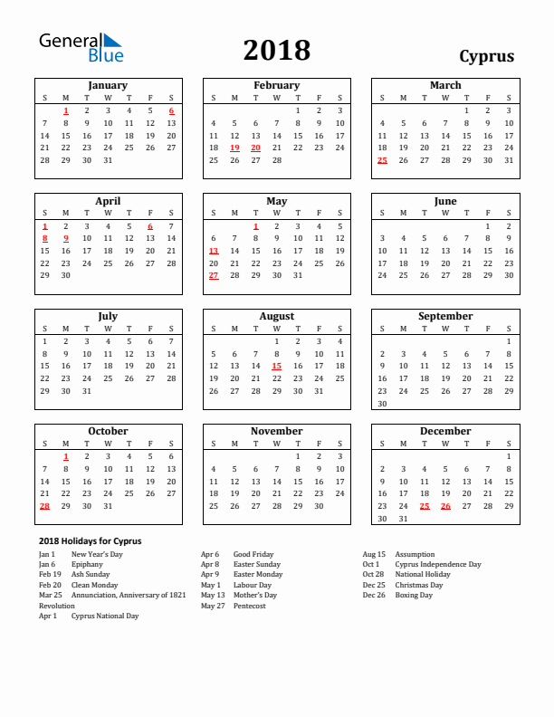 2018 Cyprus Holiday Calendar - Sunday Start