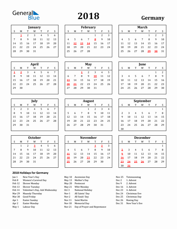2018 Germany Holiday Calendar - Sunday Start