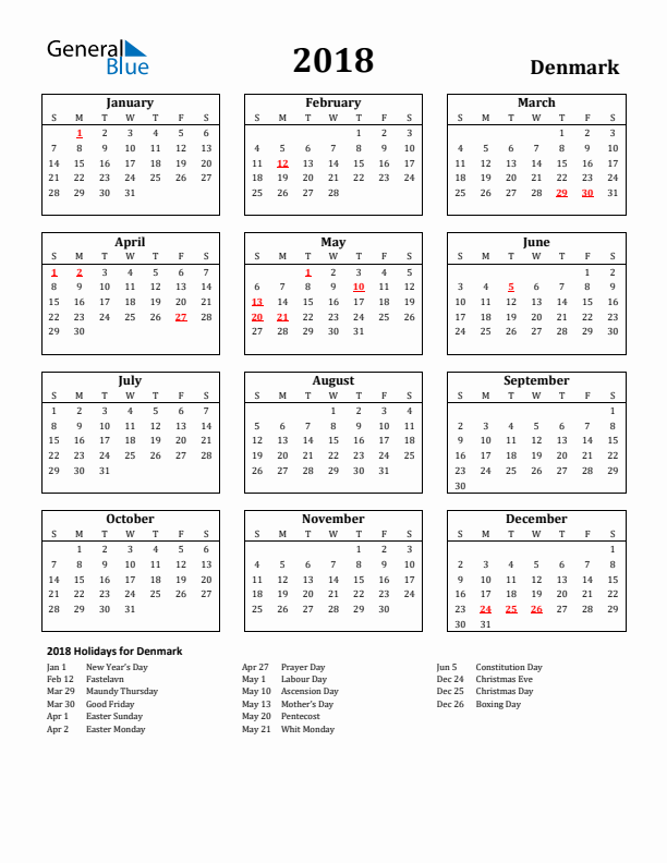 2018 Denmark Holiday Calendar - Sunday Start