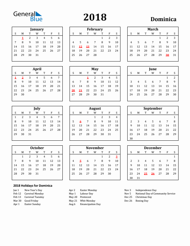 2018 Dominica Holiday Calendar - Sunday Start