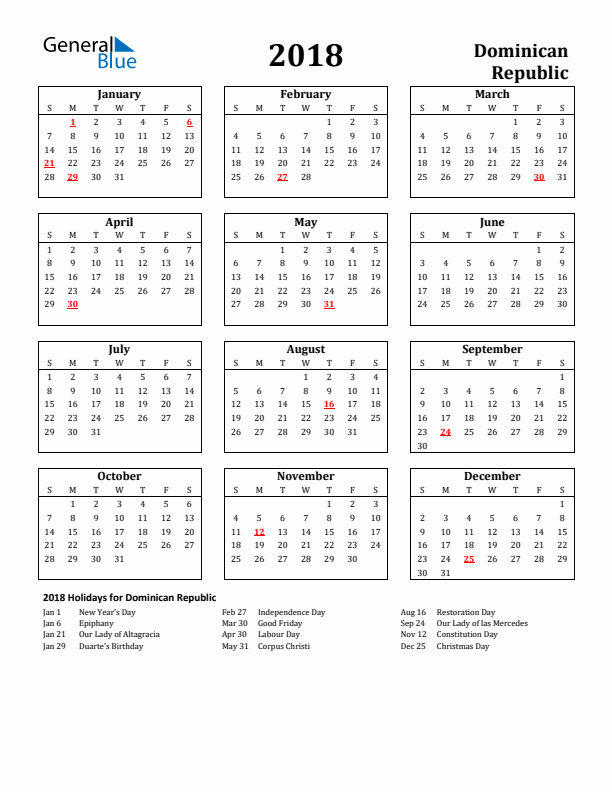 2018 Dominican Republic Holiday Calendar - Sunday Start