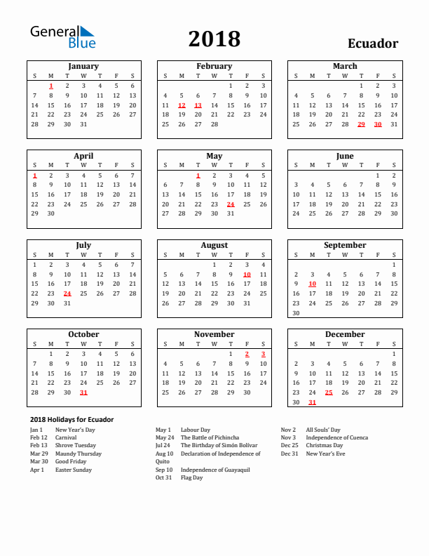 2018 Ecuador Holiday Calendar - Sunday Start