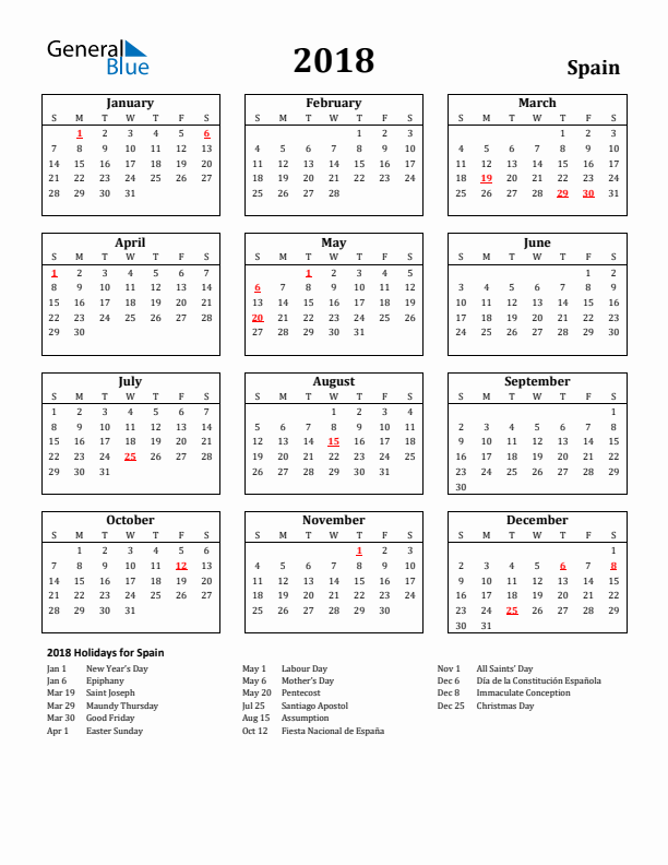 2018 Spain Holiday Calendar - Sunday Start