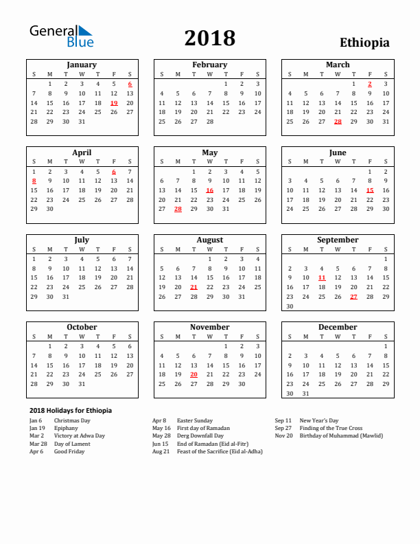 2018 Ethiopia Holiday Calendar - Sunday Start
