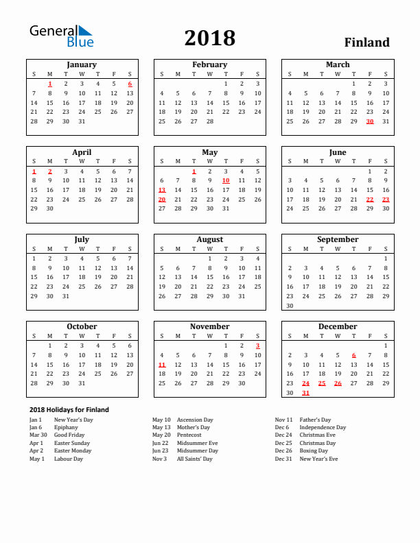 2018 Finland Holiday Calendar - Sunday Start
