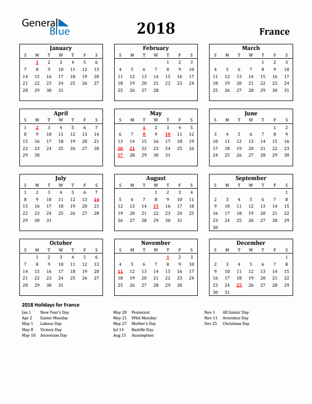 2018 France Holiday Calendar - Sunday Start