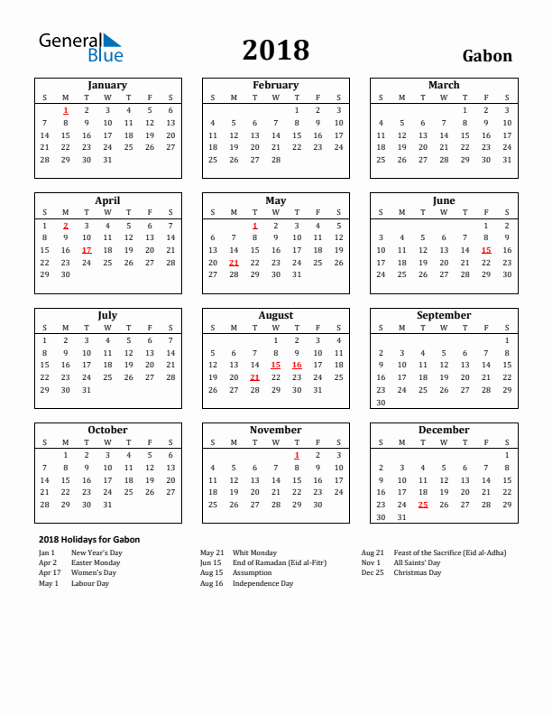 2018 Gabon Holiday Calendar - Sunday Start